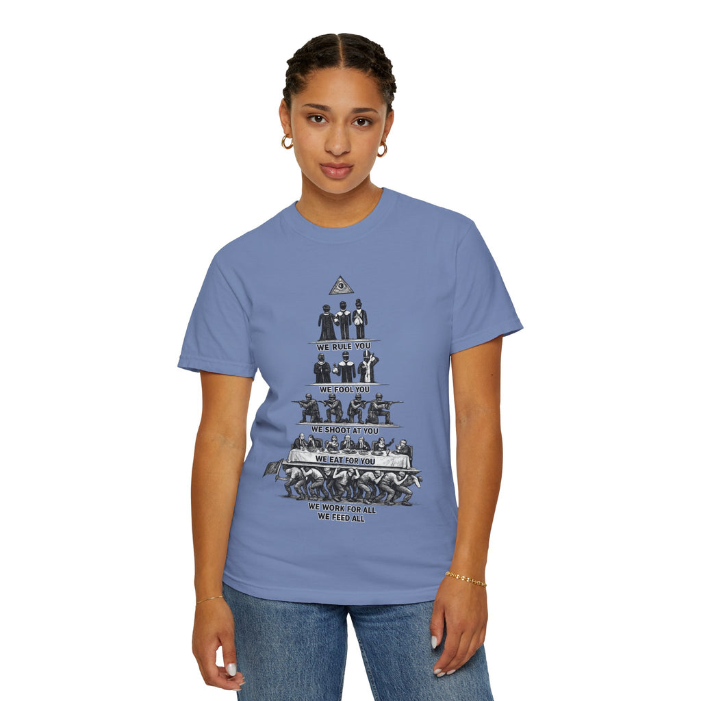 T-Shirt — Hierarchy of Power Graphic Tee ("We Rule You / We Fool You / We Shoot At You / We Eat For You / We Work For All / We Feed All")