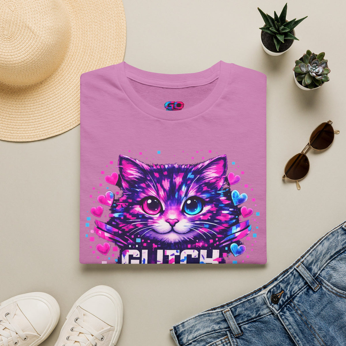 Glitch Cat T-Shirt — Retro Neon Kitty “Glitch the System” Graphic Tee