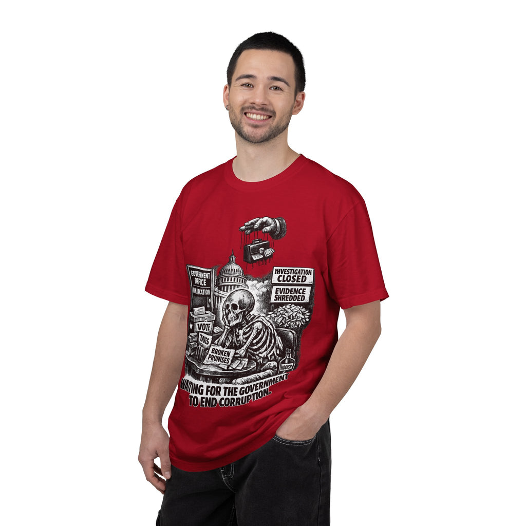 Graphic Tee — "Waiting for the Government to End Corruption" Political Skeletal Design