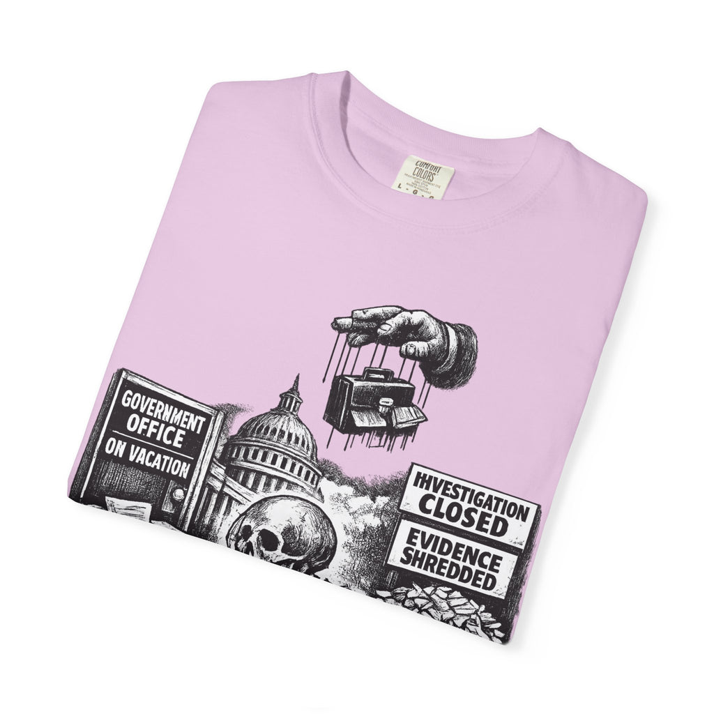 Graphic Tee — "Waiting for the Government to End Corruption" Political Skeletal Design