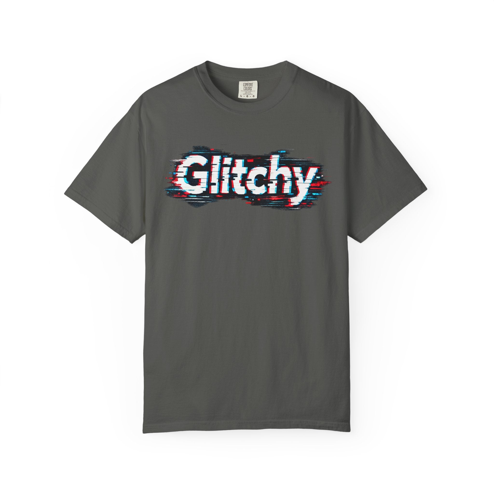 Glitchy Graphic T-Shirt — Retro Glitch Text Tee (Front "GO", Back "Glitchy")