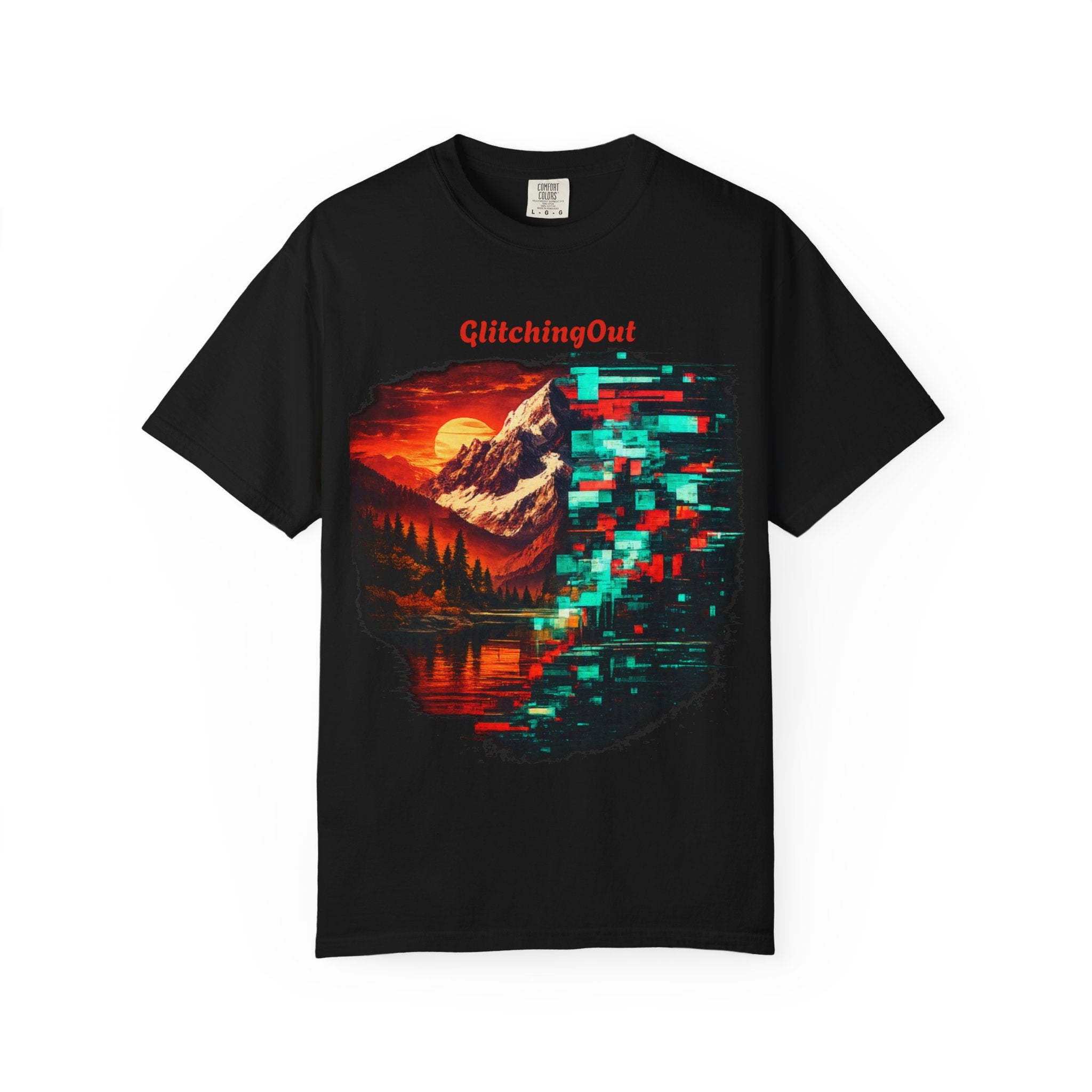 Graphic T-Shirt — "Glitching Out" Mountain Sunset Pixel Art