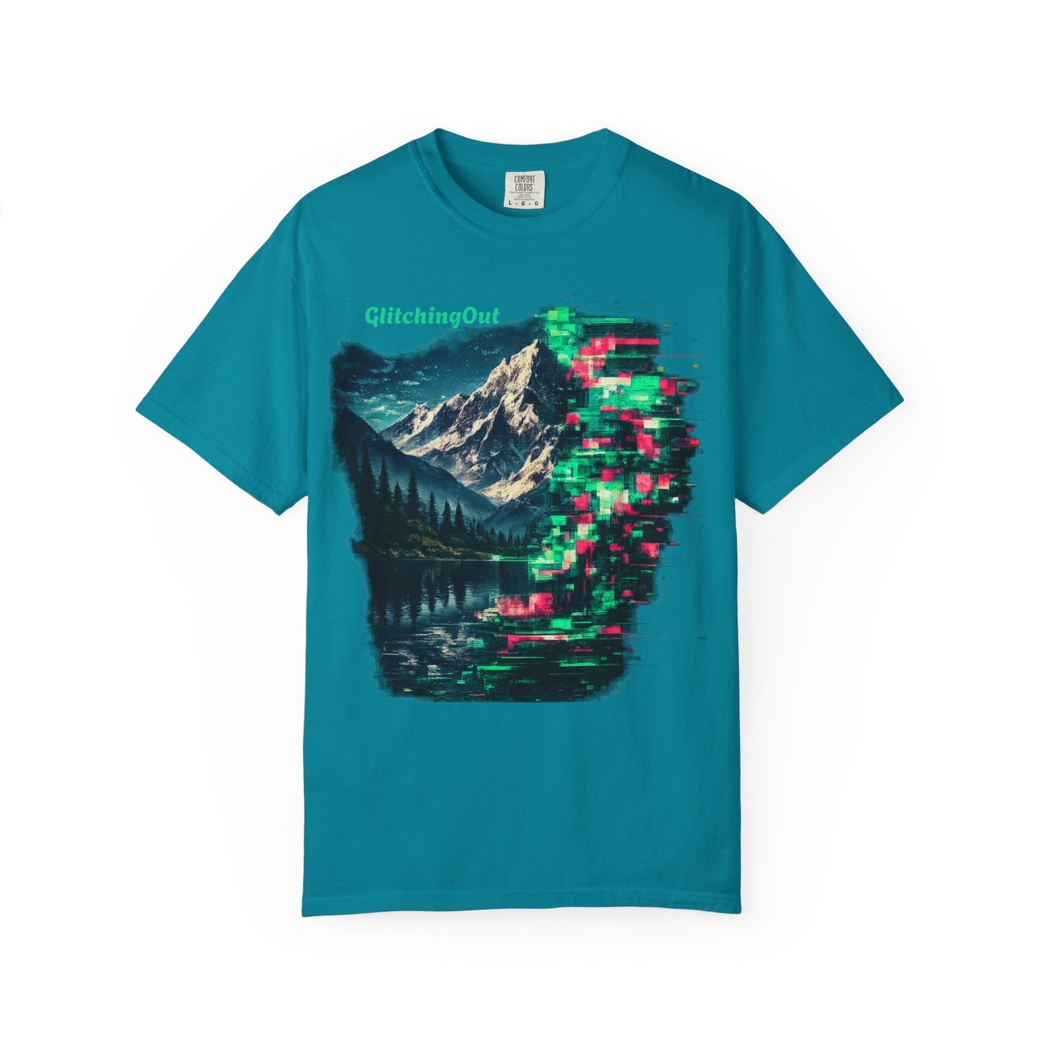 GlitchingOut Mountain Landscape T-Shirt — Retro Glitch Nature Graphic Tee
