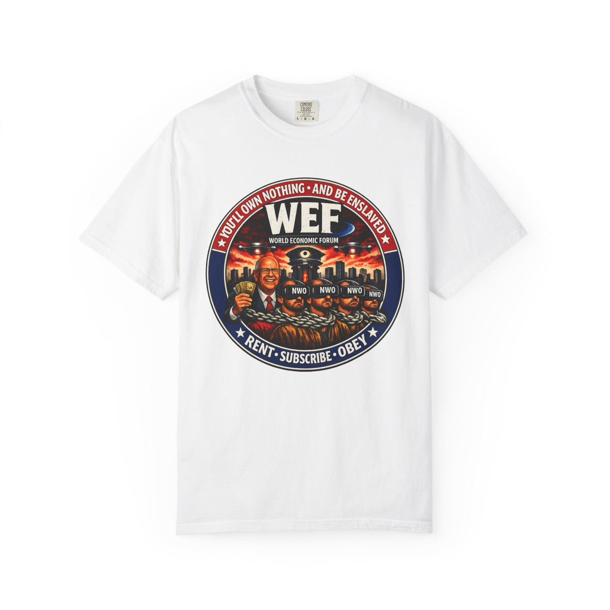 T-Shirt — WEF Dystopian Retro Logo “Rent • Subscribe • Obey”