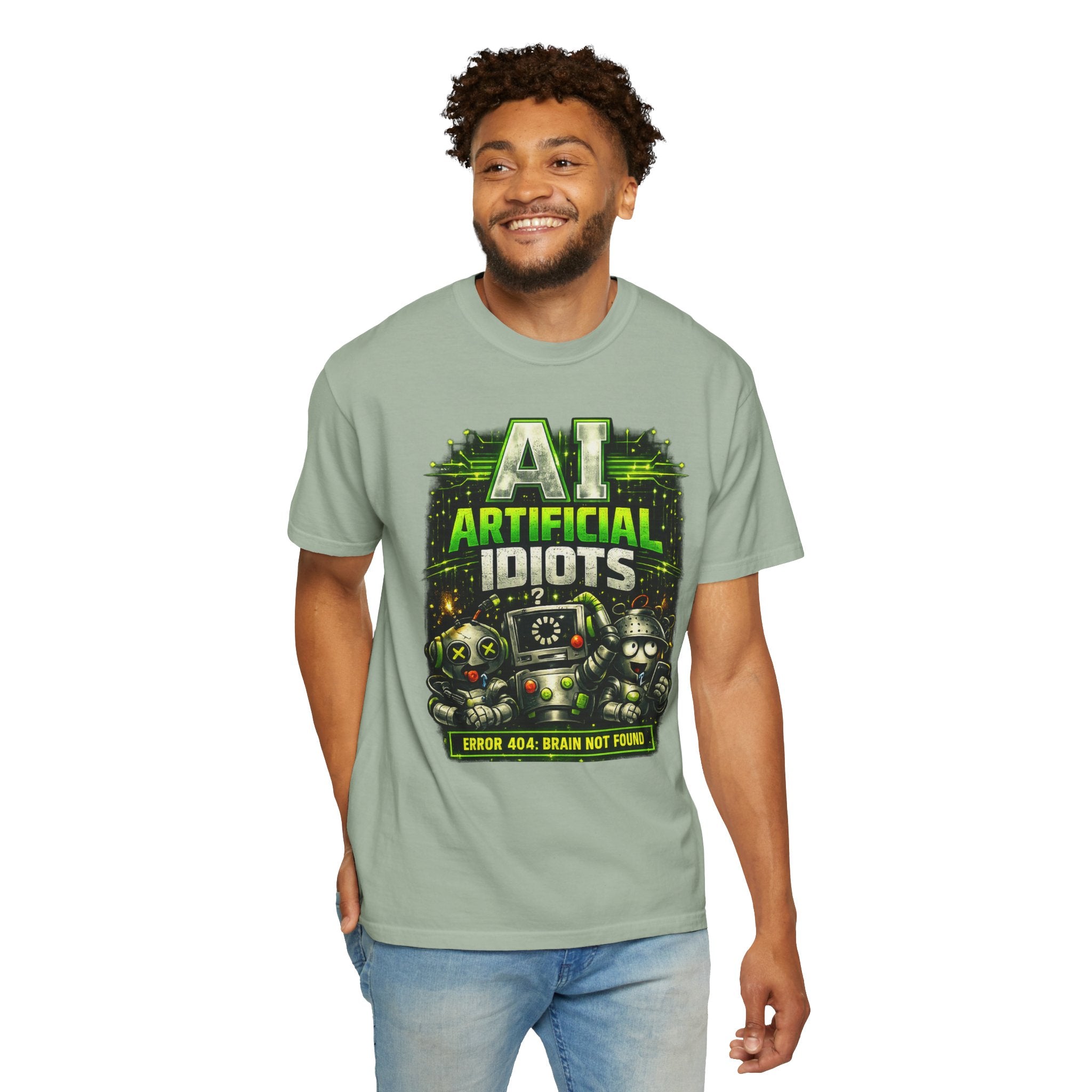 'AI Artificial Idiots: Error 404 — Brain Not Found' Satire Graphic T-Shirt