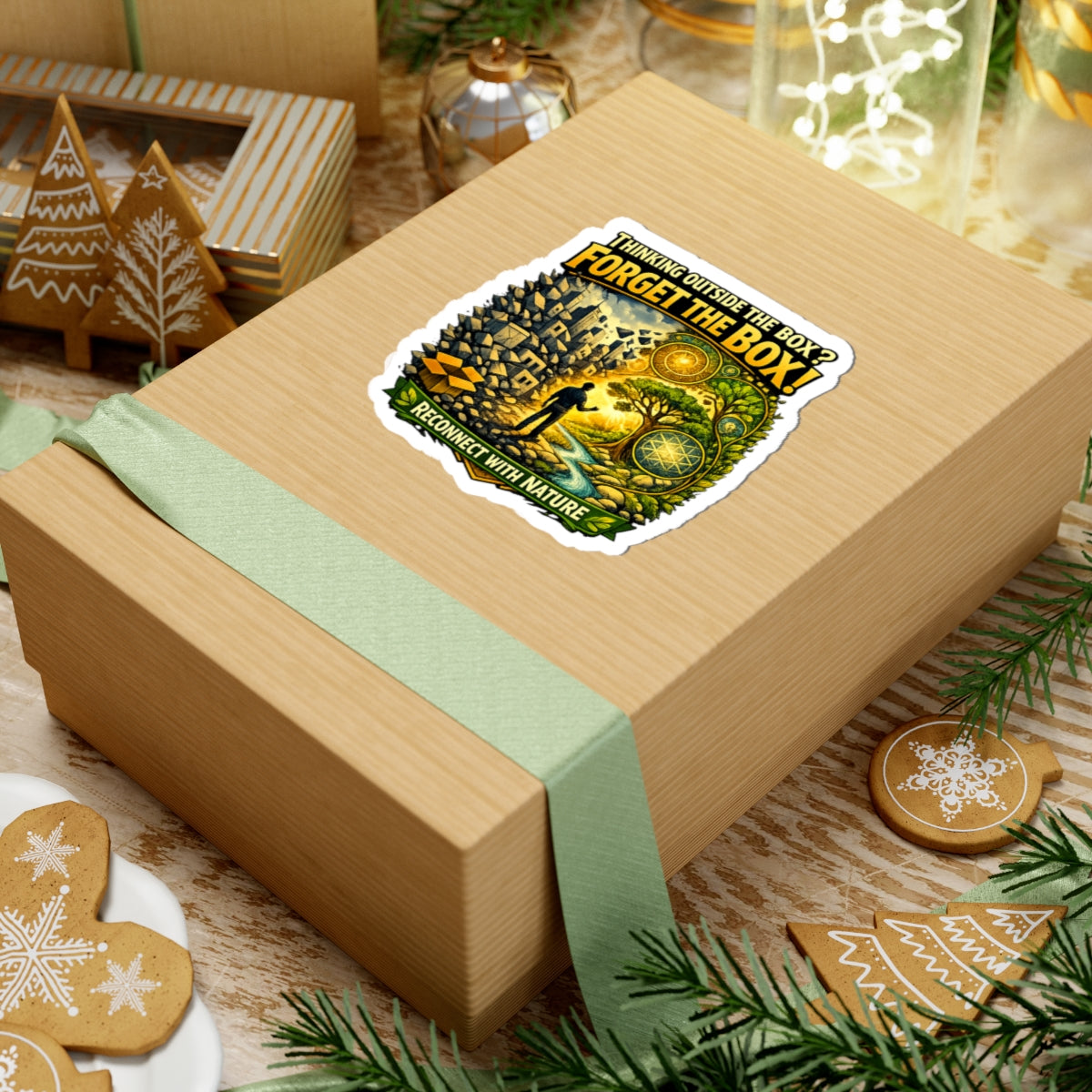 Kiss-Cut Sticker — "Thinking Outside the Box? Forget the Box!" Reconnect with Nature Design