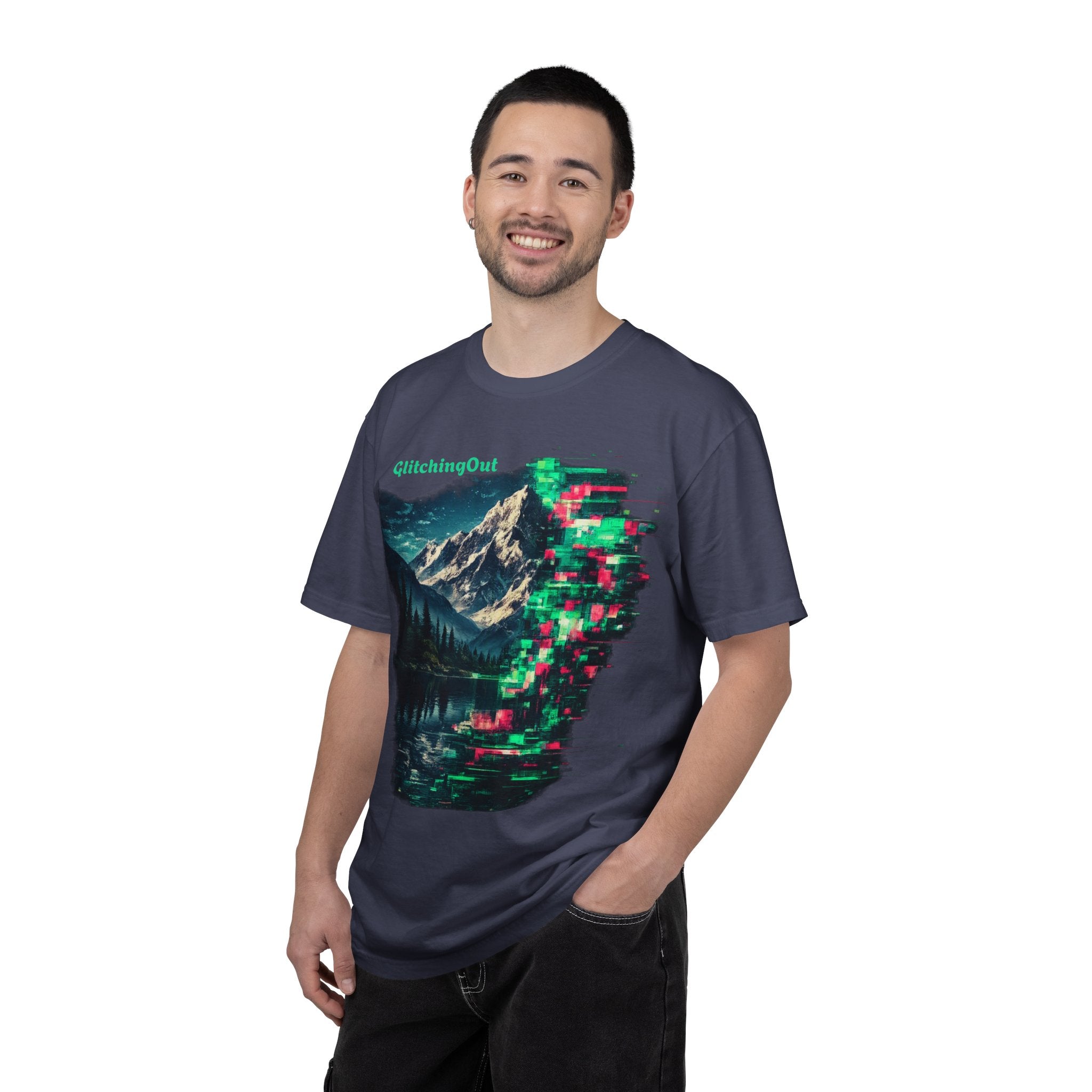 GlitchingOut Mountain Landscape T-Shirt — Retro Glitch Nature Graphic Tee