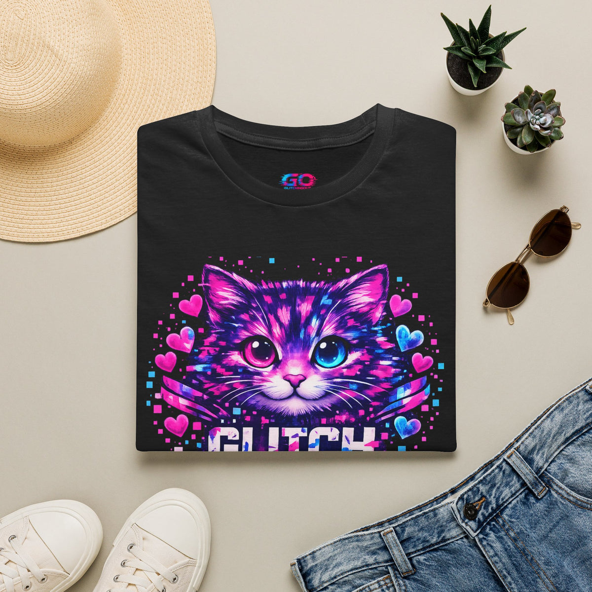 Glitch Cat T-Shirt — Retro Neon Kitty “Glitch the System” Graphic Tee