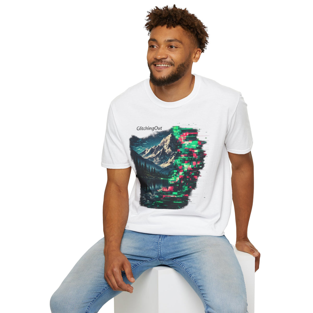 GlitchingOut Mountain Landscape T-Shirt — Retro Glitch Nature Graphic Tee
