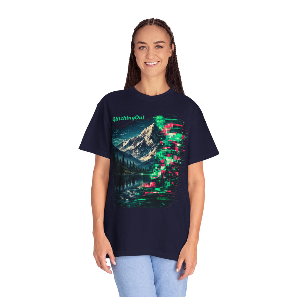GlitchingOut Mountain Landscape T-Shirt — Retro Glitch Nature Graphic Tee