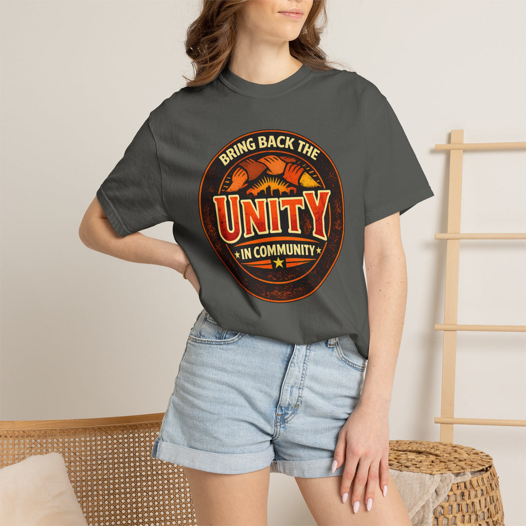 Unity Graphic T-Shirt — "Bring Back the Unity in Community" Vintage Badge Design