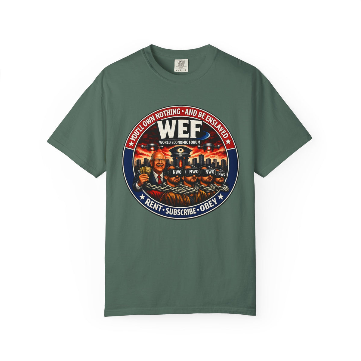 T-Shirt — WEF Dystopian Retro Logo “Rent • Subscribe • Obey”
