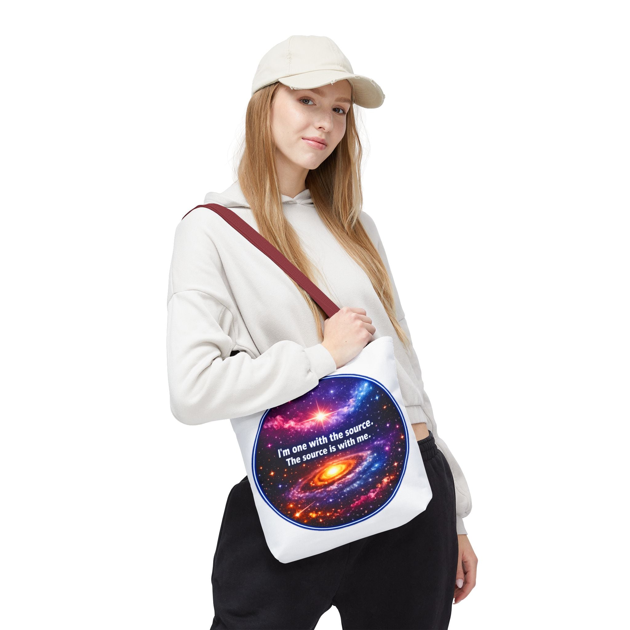 Spiritual Galaxy Tote Bag - "I'm one with the source. The source is with me." Cosmic Meditation Tote