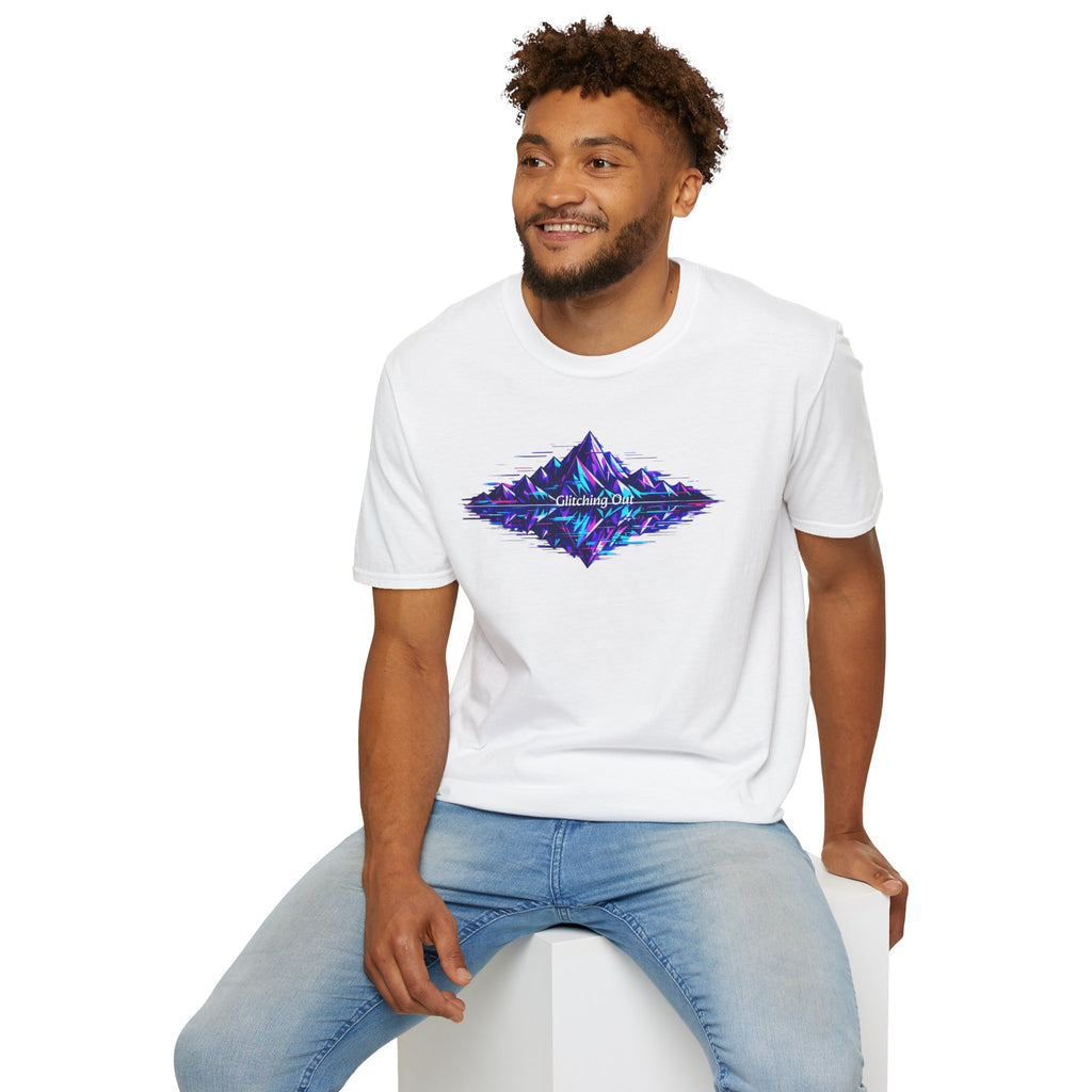 Graphic T-Shirt — 'Glitching Out' Neon Mountain Vaporwave Design