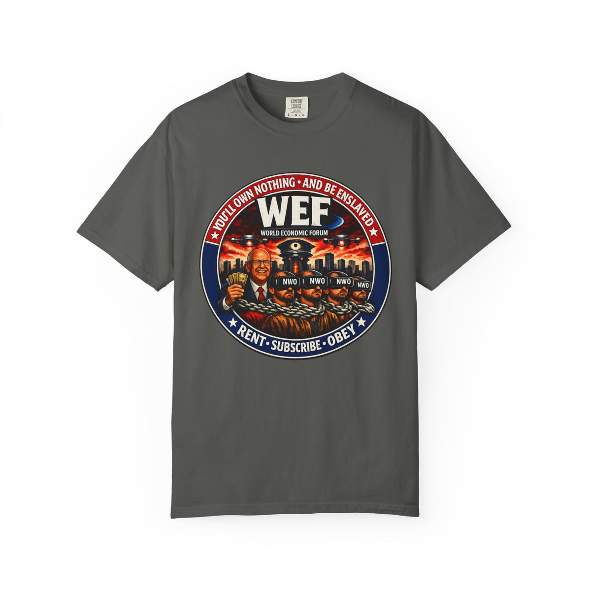 T-Shirt — WEF Dystopian Retro Logo “Rent • Subscribe • Obey”