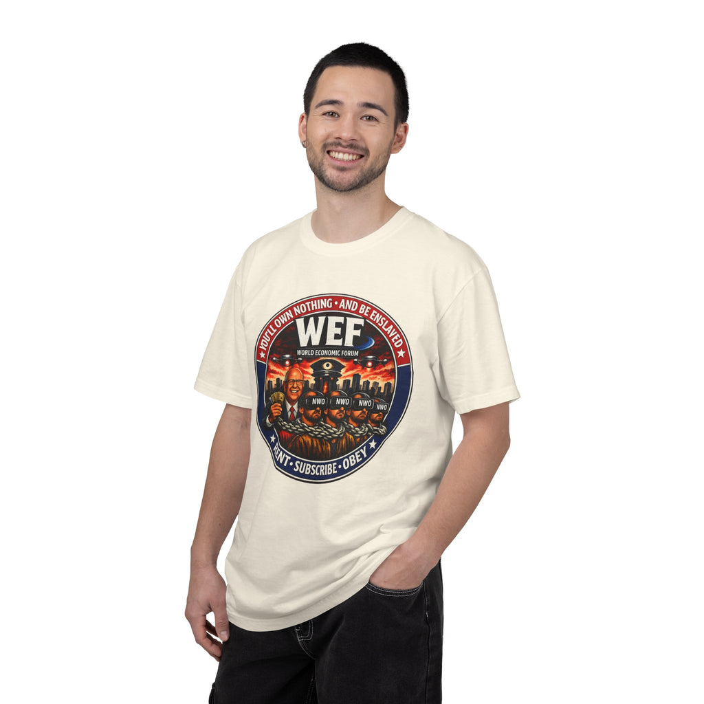T-Shirt — WEF Dystopian Retro Logo “Rent • Subscribe • Obey”
