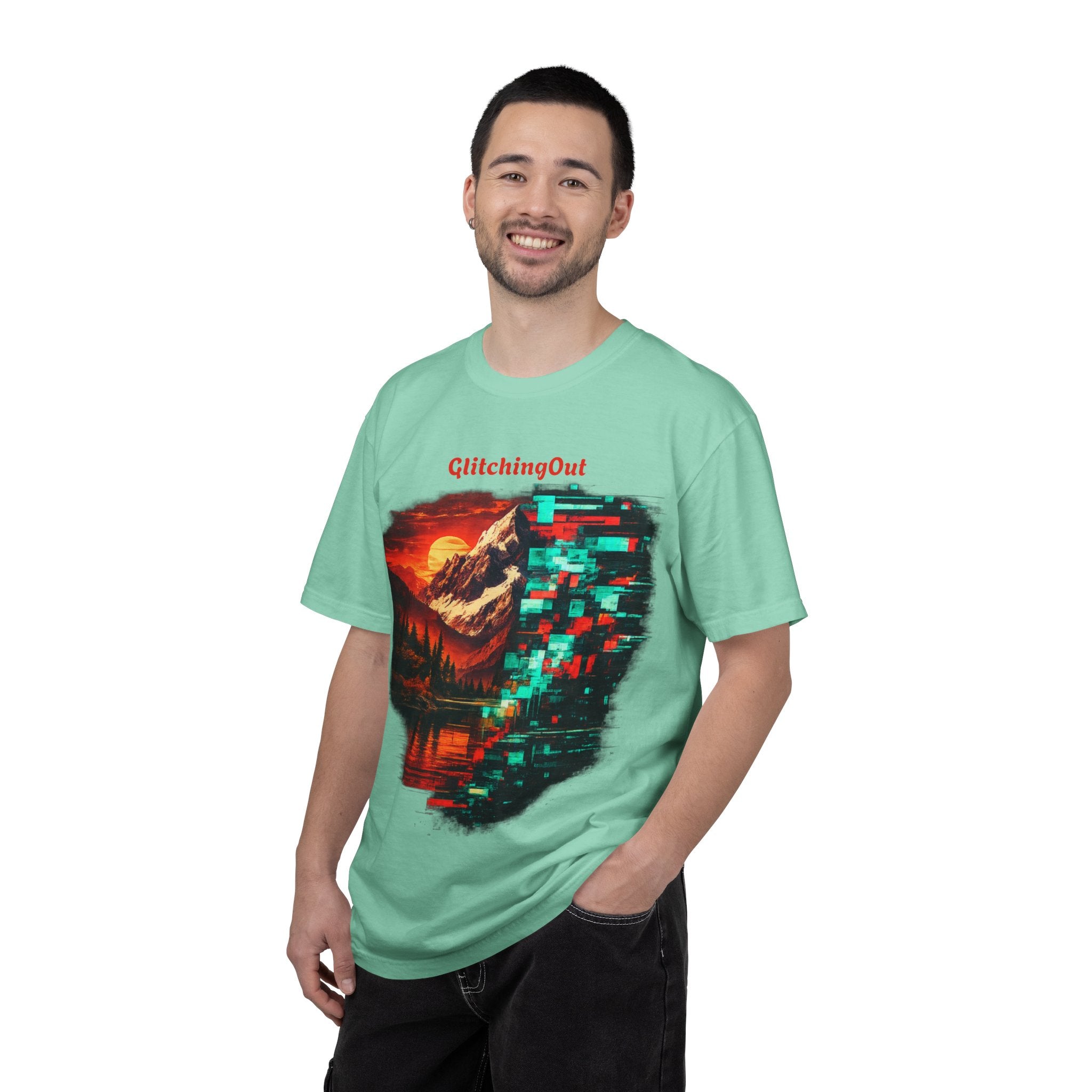 Graphic T-Shirt — "Glitching Out" Mountain Sunset Pixel Art