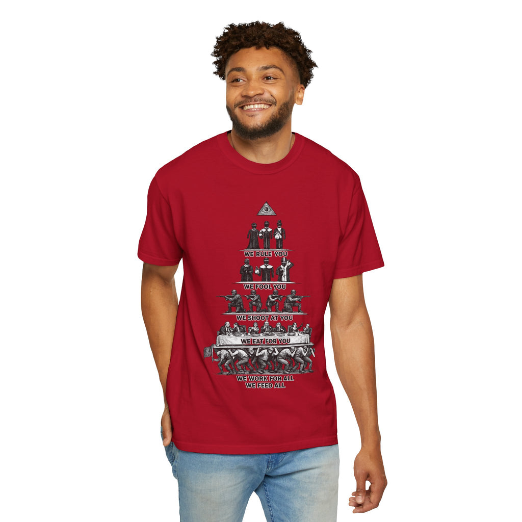 T-Shirt — Hierarchy of Power Graphic Tee ("We Rule You / We Fool You / We Shoot At You / We Eat For You / We Work For All / We Feed All")