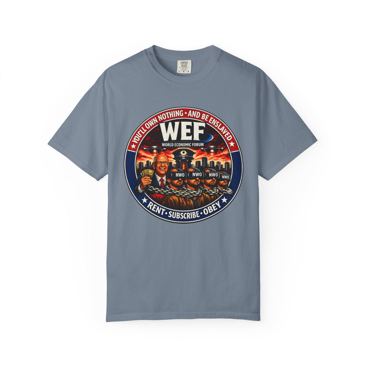 T-Shirt — WEF Dystopian Retro Logo “Rent • Subscribe • Obey”