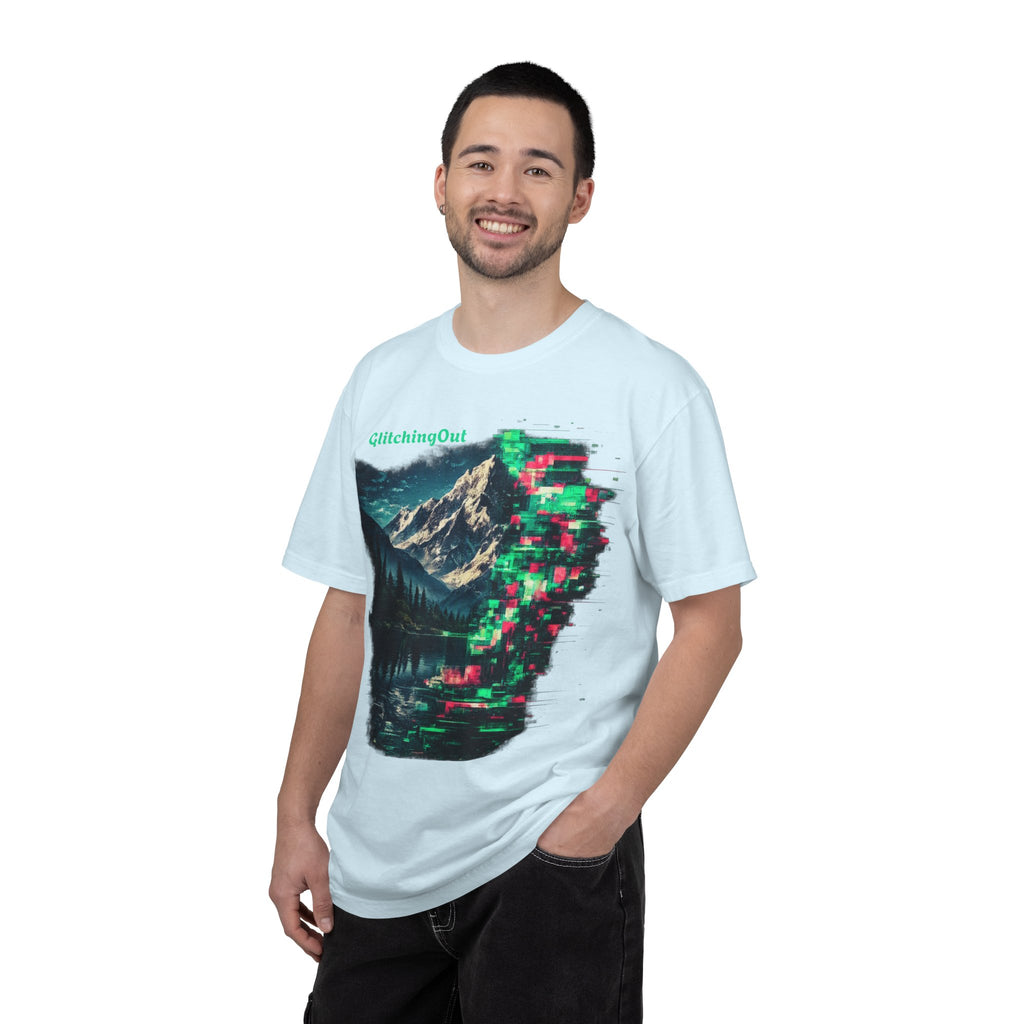 GlitchingOut Mountain Landscape T-Shirt — Retro Glitch Nature Graphic Tee