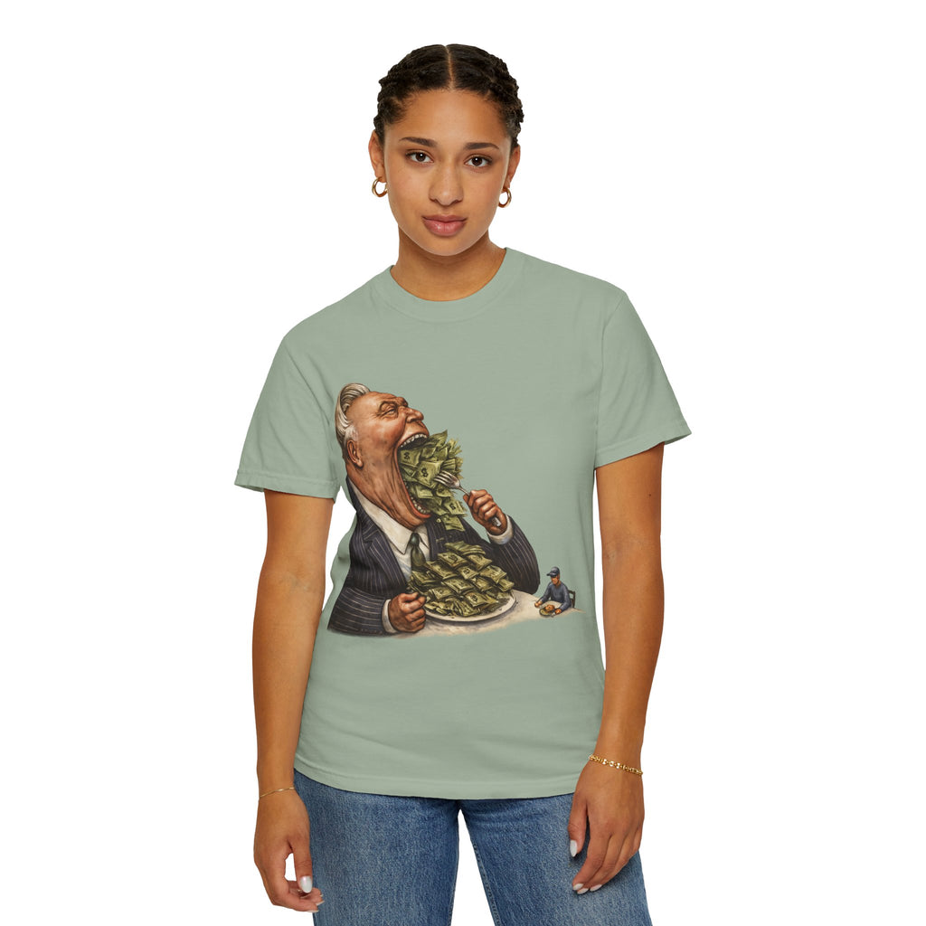 Money Greed Cartoon T-Shirt — Satirical Businessman Eating Cash Tee