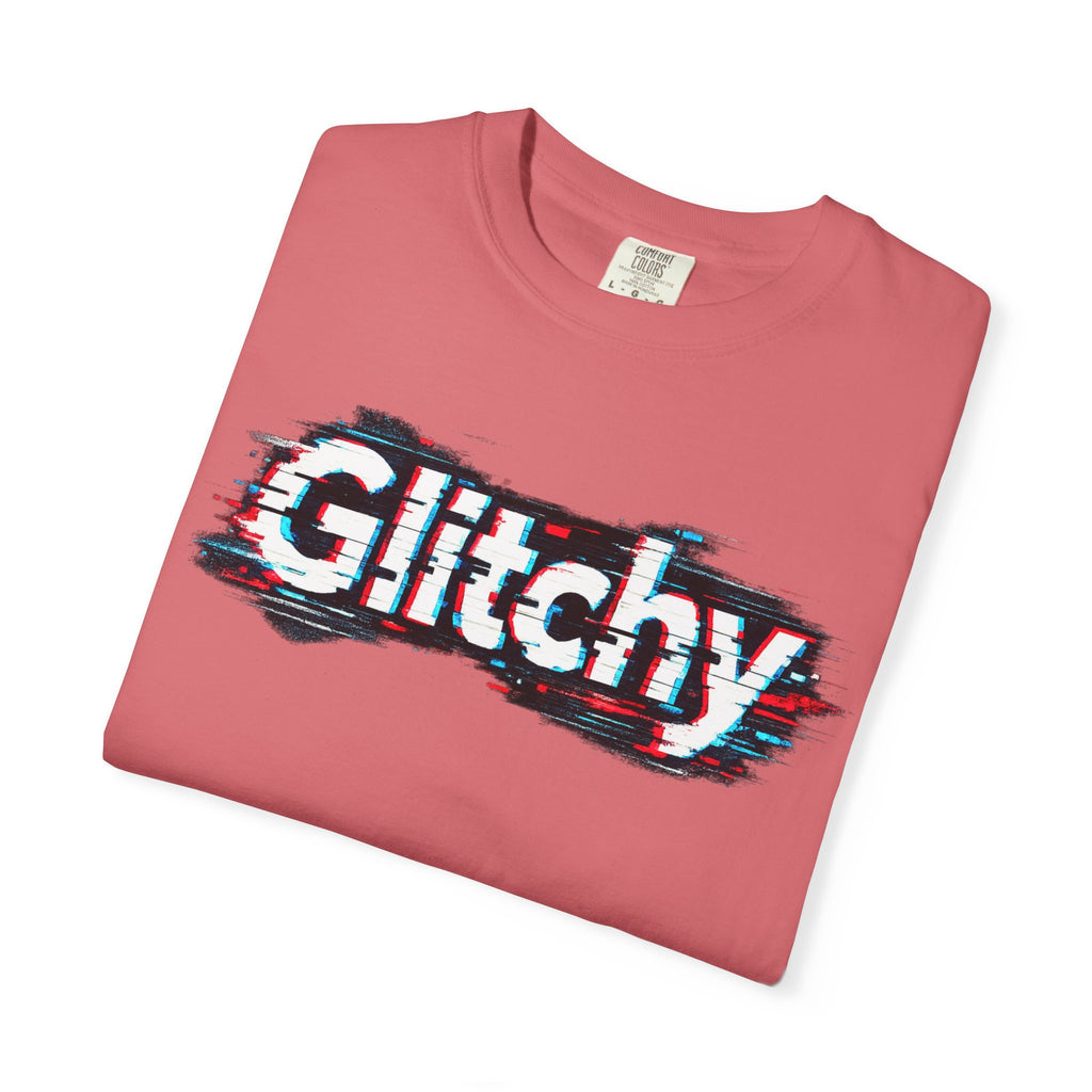 Glitchy Graphic T-Shirt — Retro Glitch Text Tee (Front "GO", Back "Glitchy")