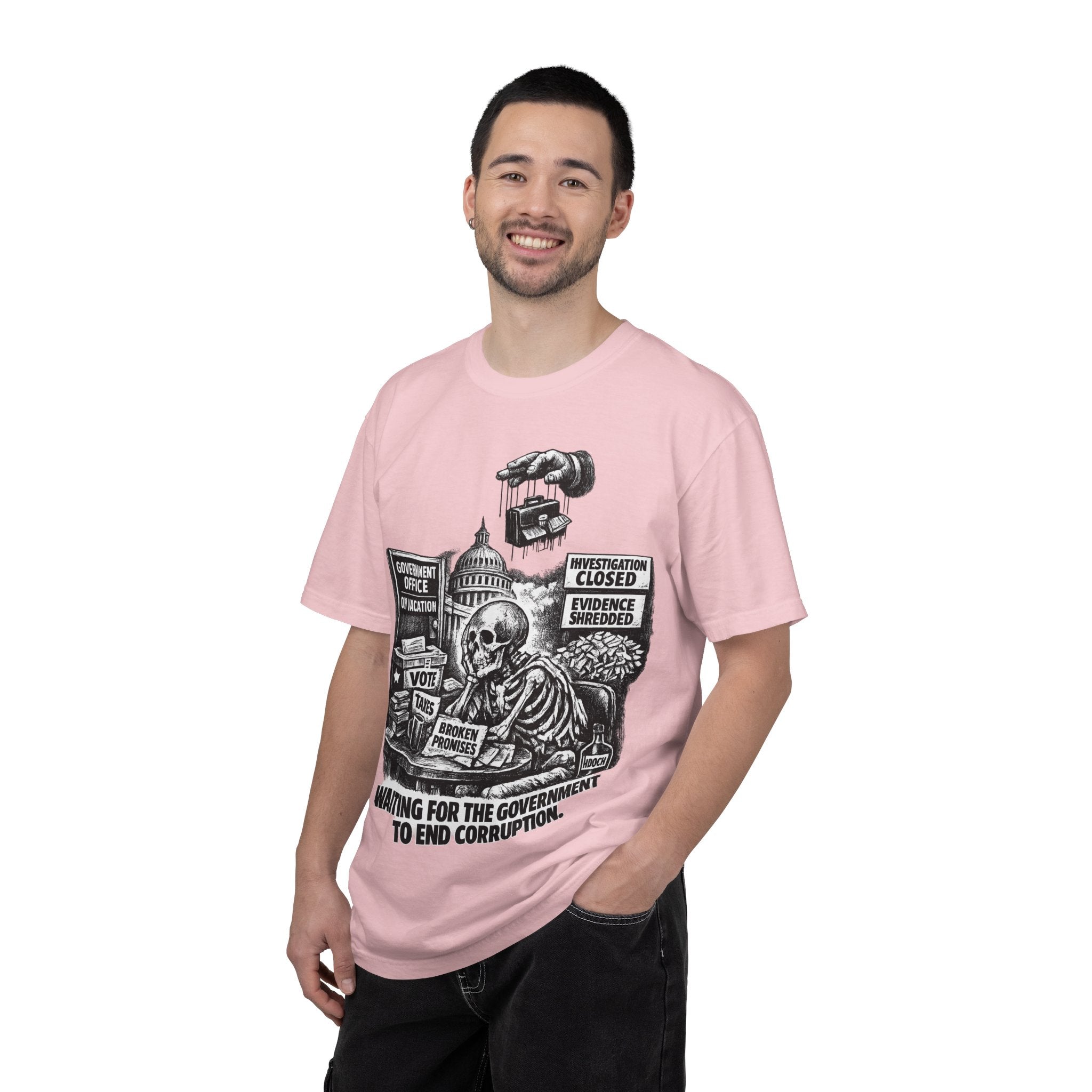 Graphic Tee — "Waiting for the Government to End Corruption" Political Skeletal Design