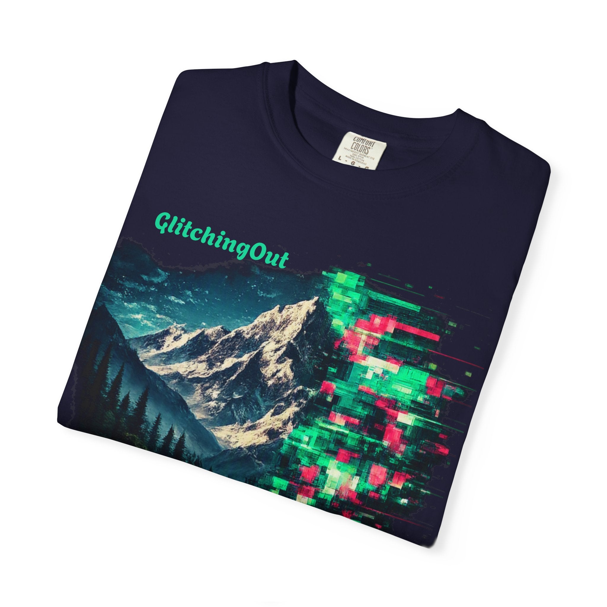 GlitchingOut Mountain Landscape T-Shirt — Retro Glitch Nature Graphic Tee