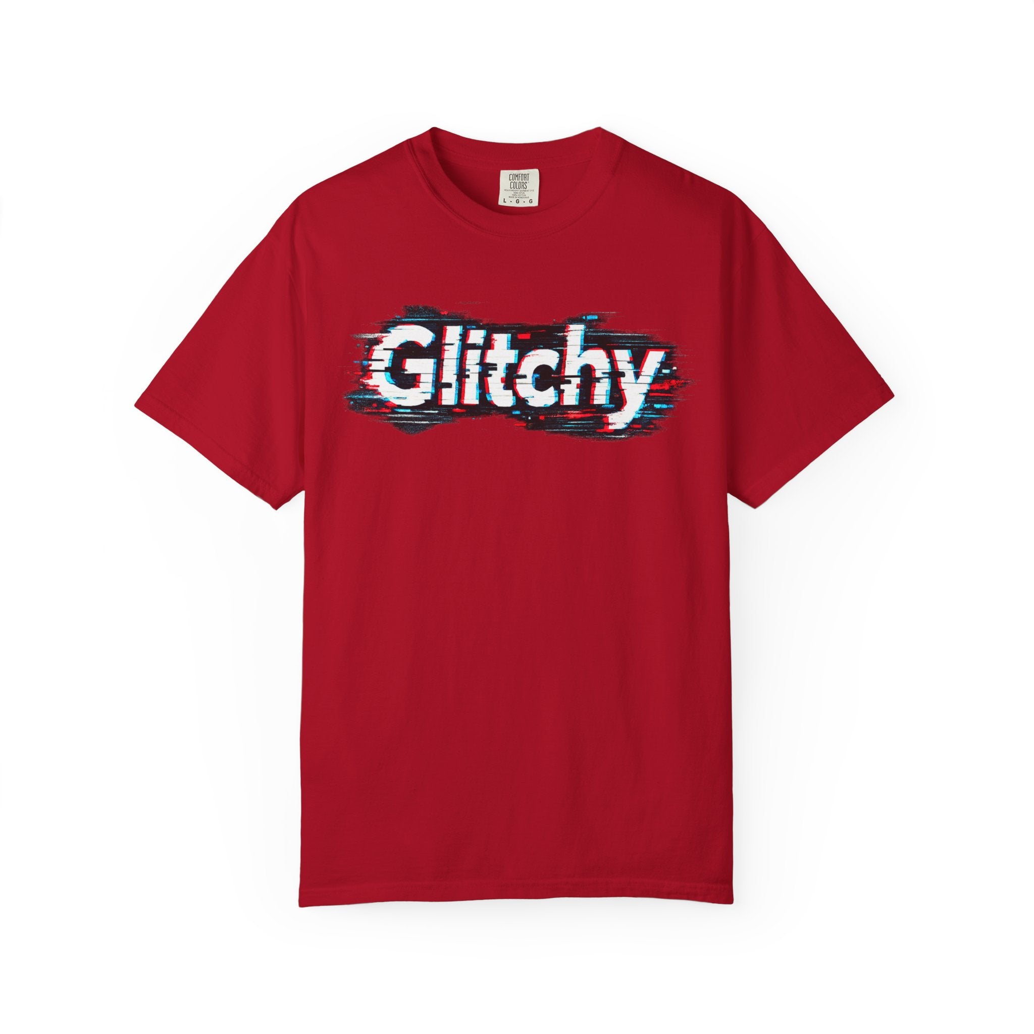 Glitchy Graphic T-Shirt — Retro Glitch Text Tee (Front "GO", Back "Glitchy")