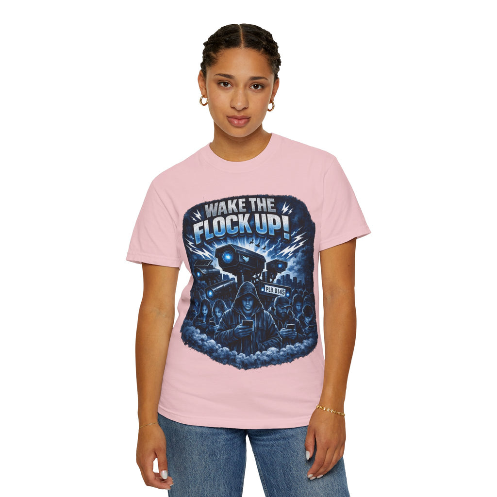 T-Shirt — "Wake the Flock Up" V2 Protest Graphic Tee (Bold Blue Dystopian Design)