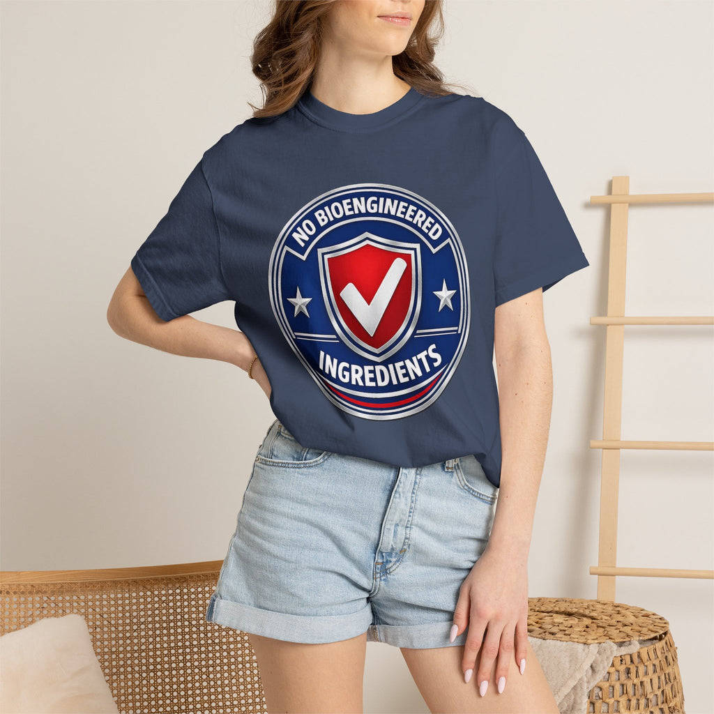 No Bioengineered Ingredients T-Shirt — Retro Shield Organic Food Badge Tee