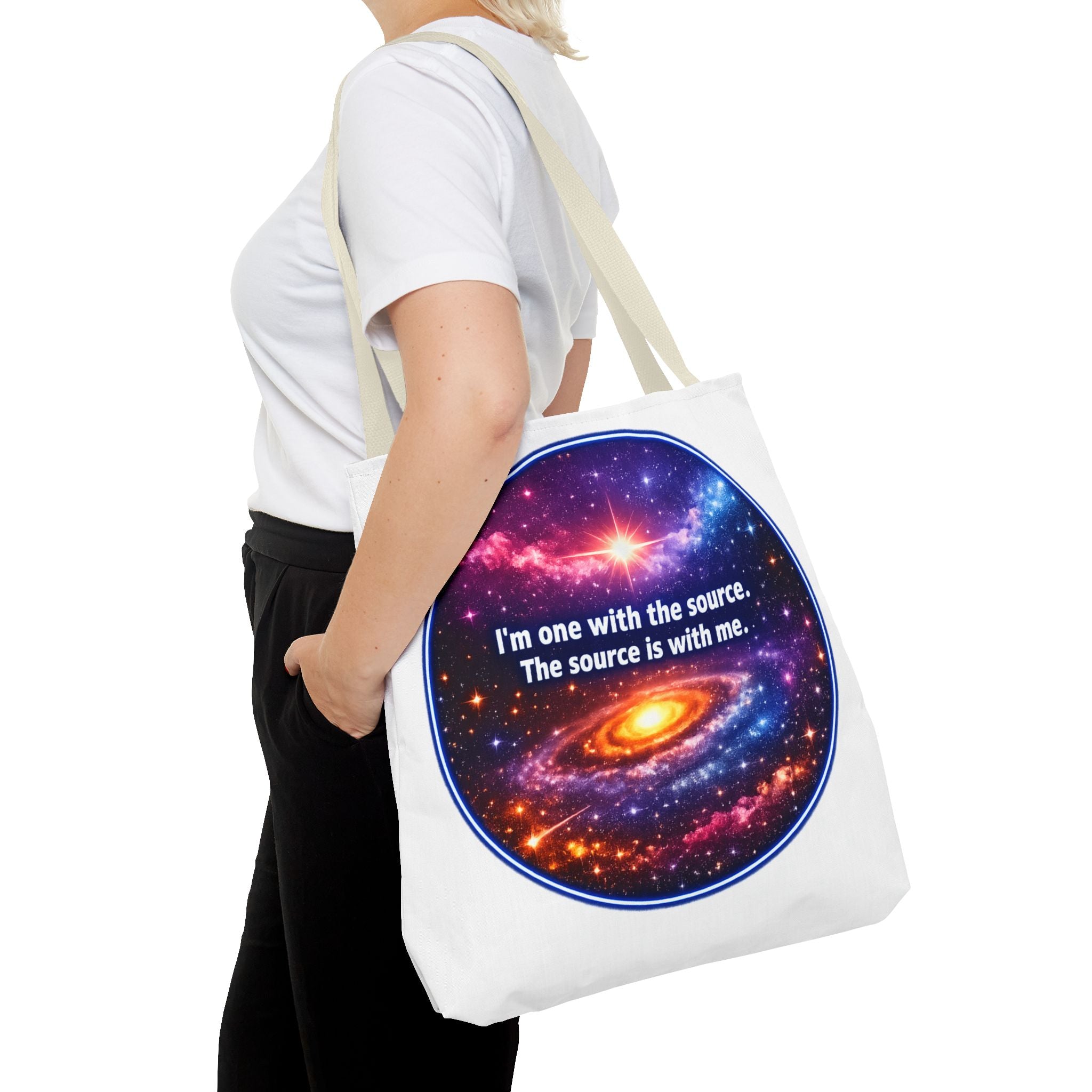 Spiritual Galaxy Tote Bag - "I'm one with the source. The source is with me." Cosmic Meditation Tote