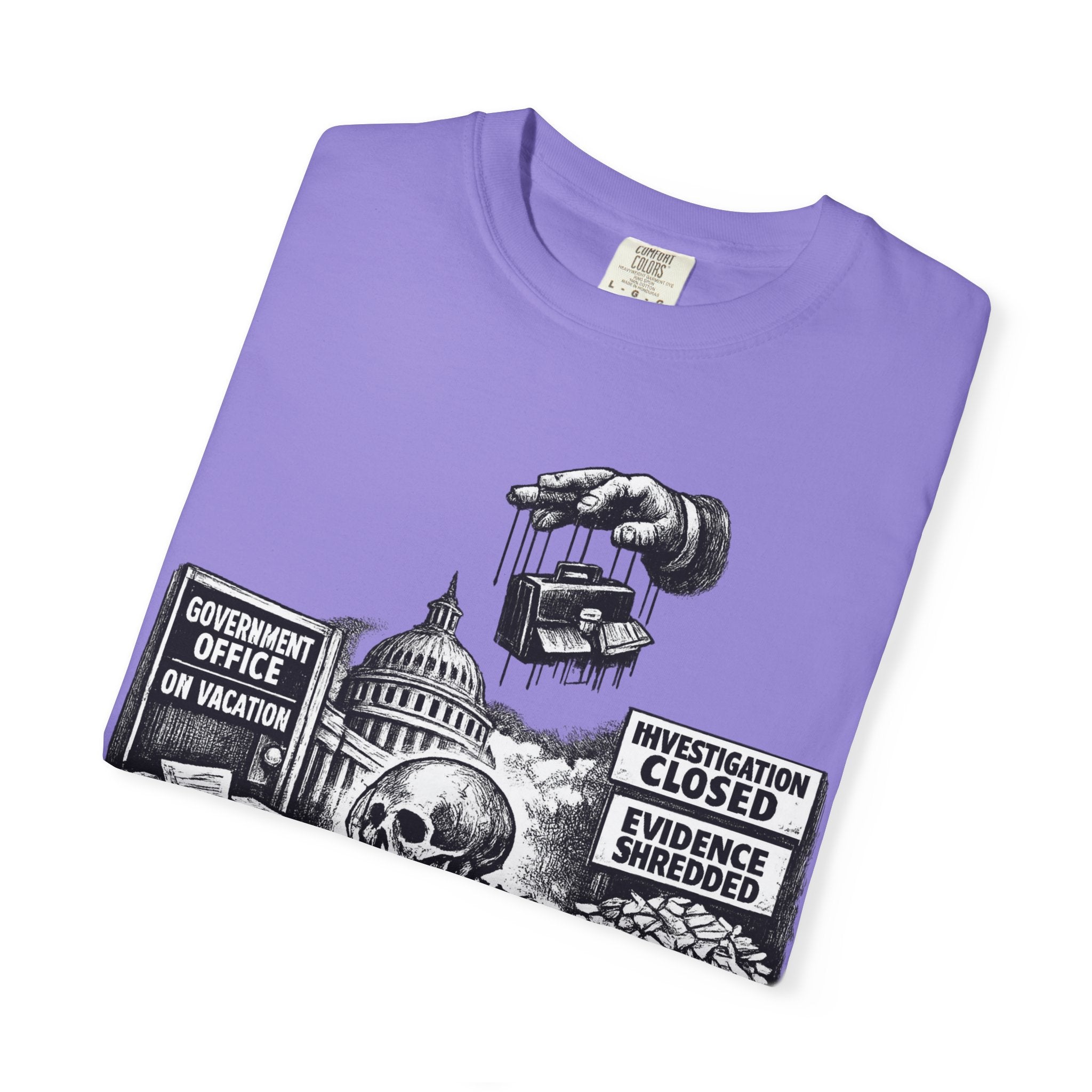 Graphic Tee — "Waiting for the Government to End Corruption" Political Skeletal Design
