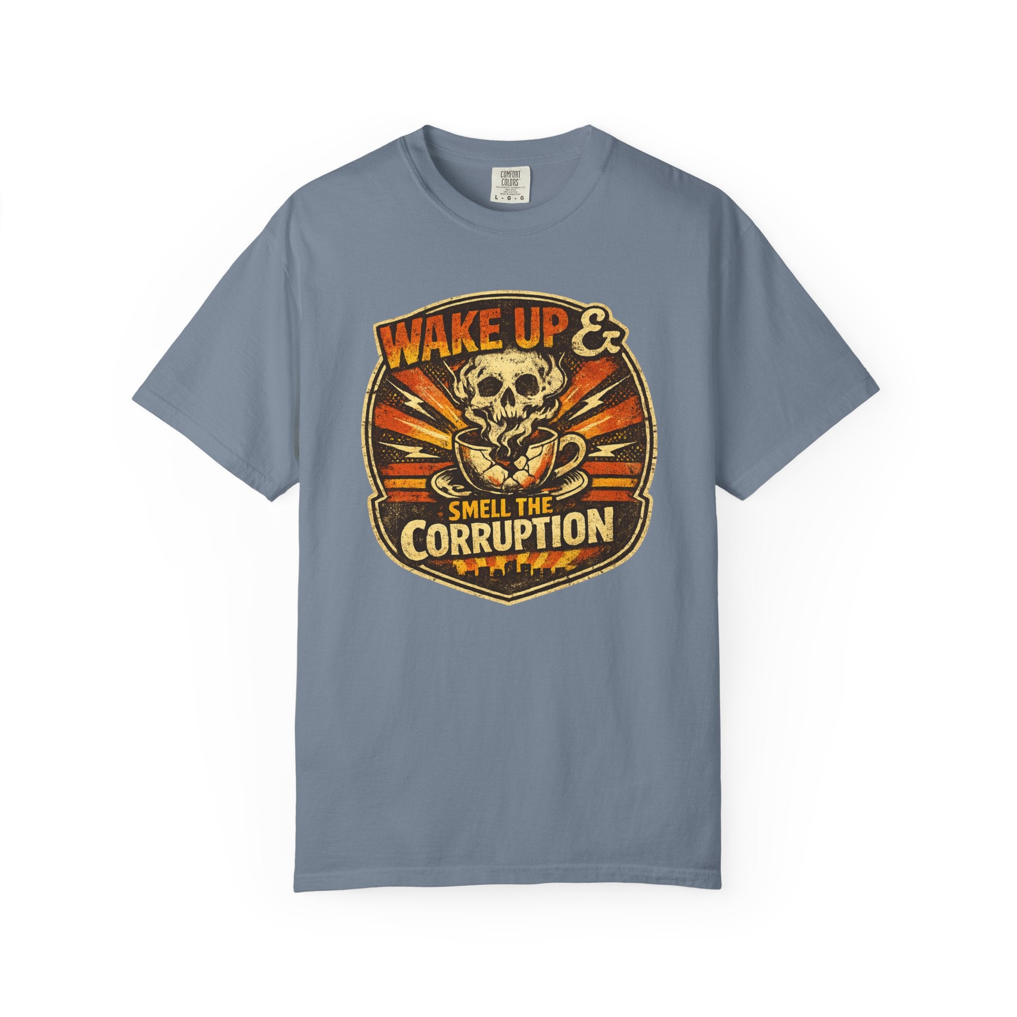 Wake Up & Smell the Corruption T-Shirt — Vintage Skull Protest Graphic Tee