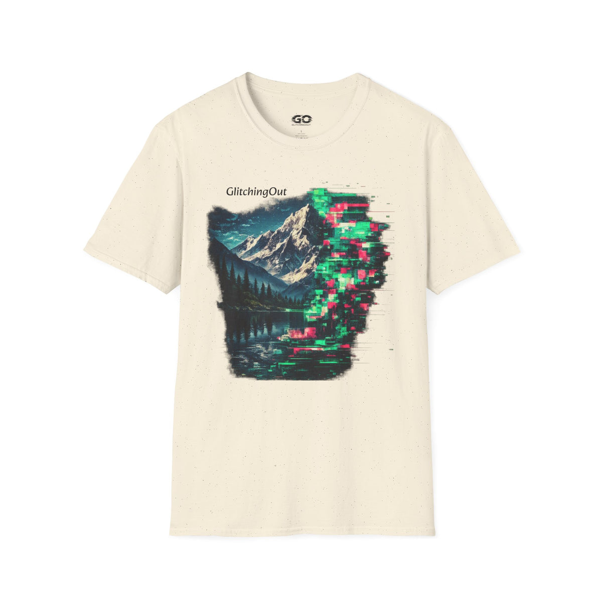 GlitchingOut Mountain Landscape T-Shirt — Retro Glitch Nature Graphic Tee