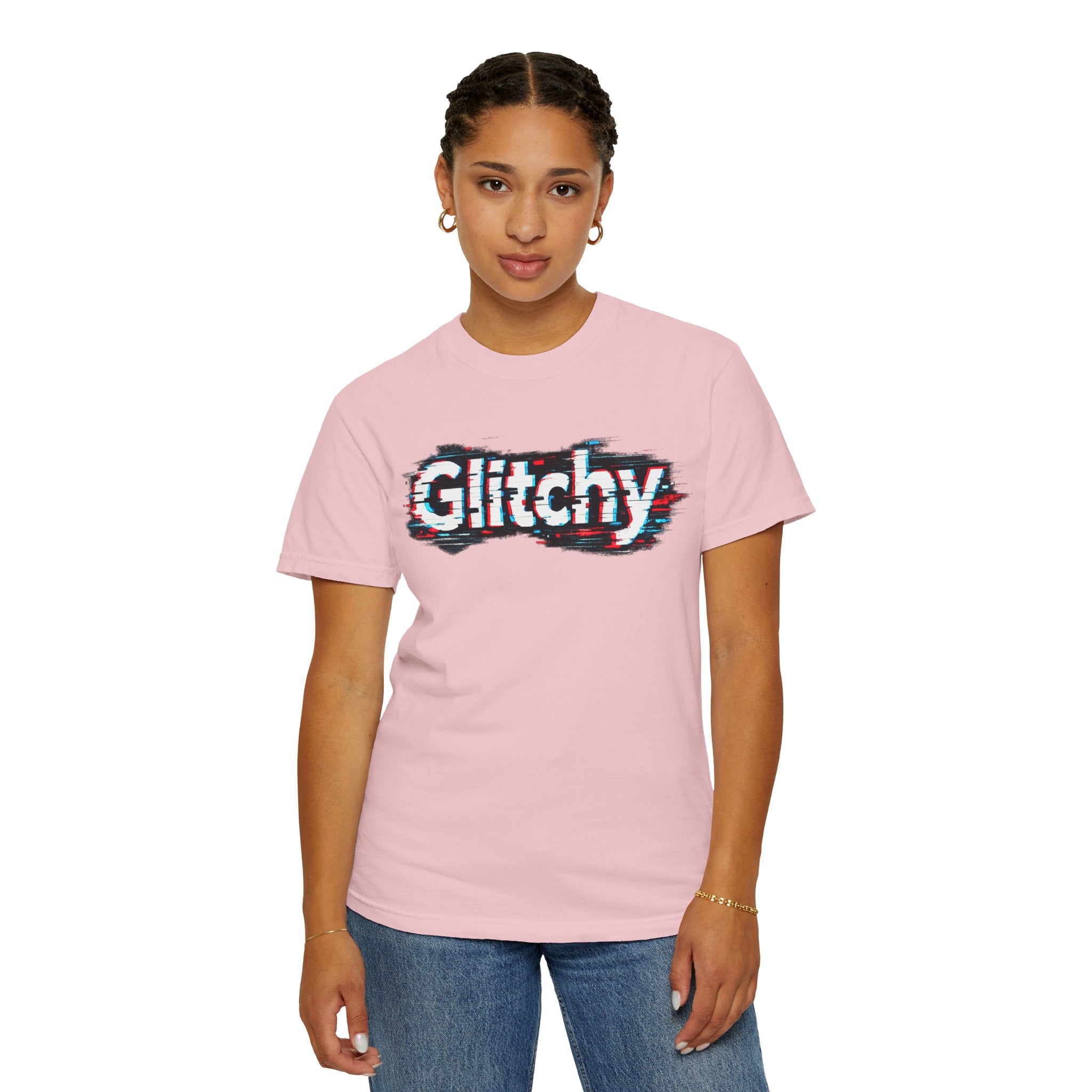 Glitchy Graphic T-Shirt — Retro Glitch Text Tee (Front "GO", Back "Glitchy")
