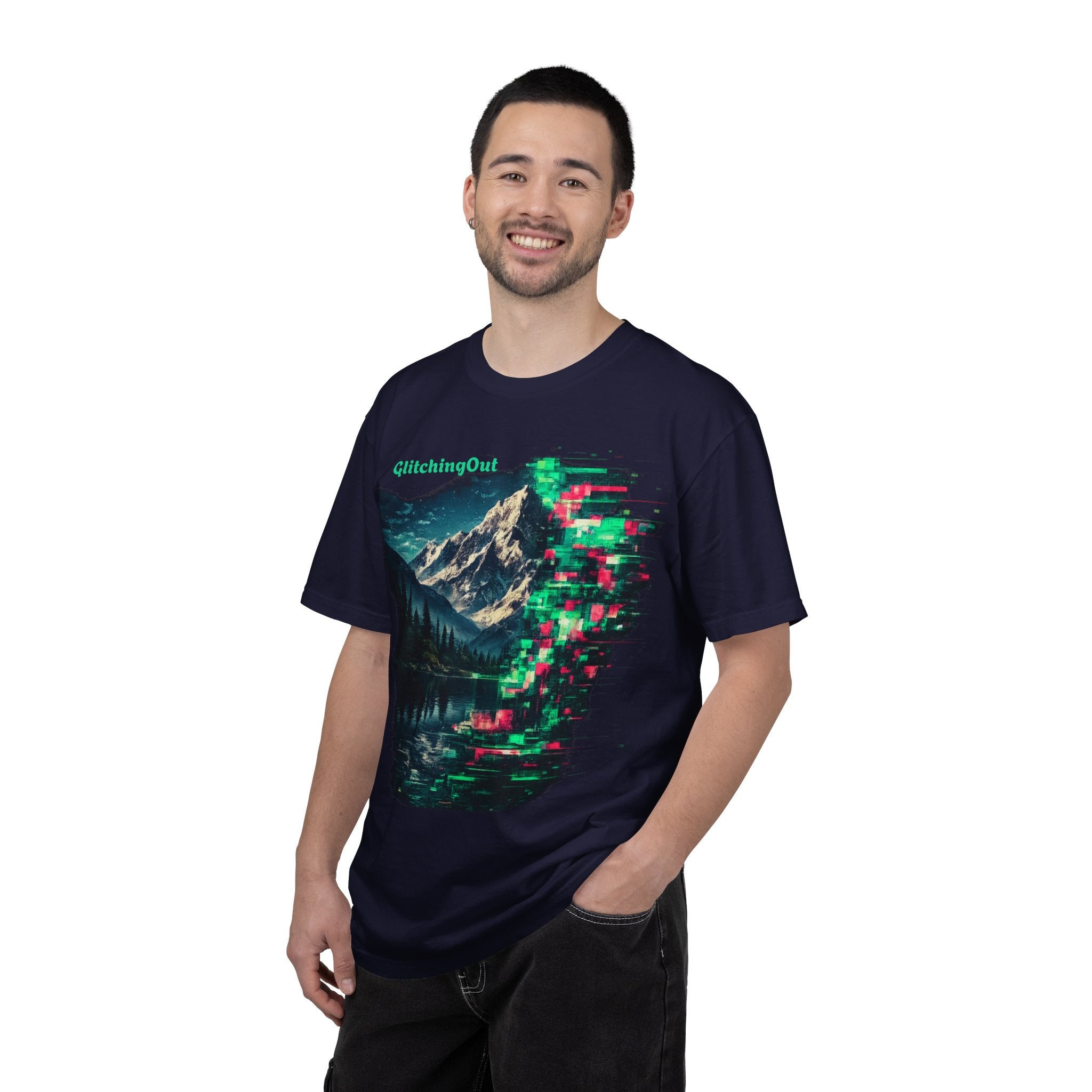 GlitchingOut Mountain Landscape T-Shirt — Retro Glitch Nature Graphic Tee