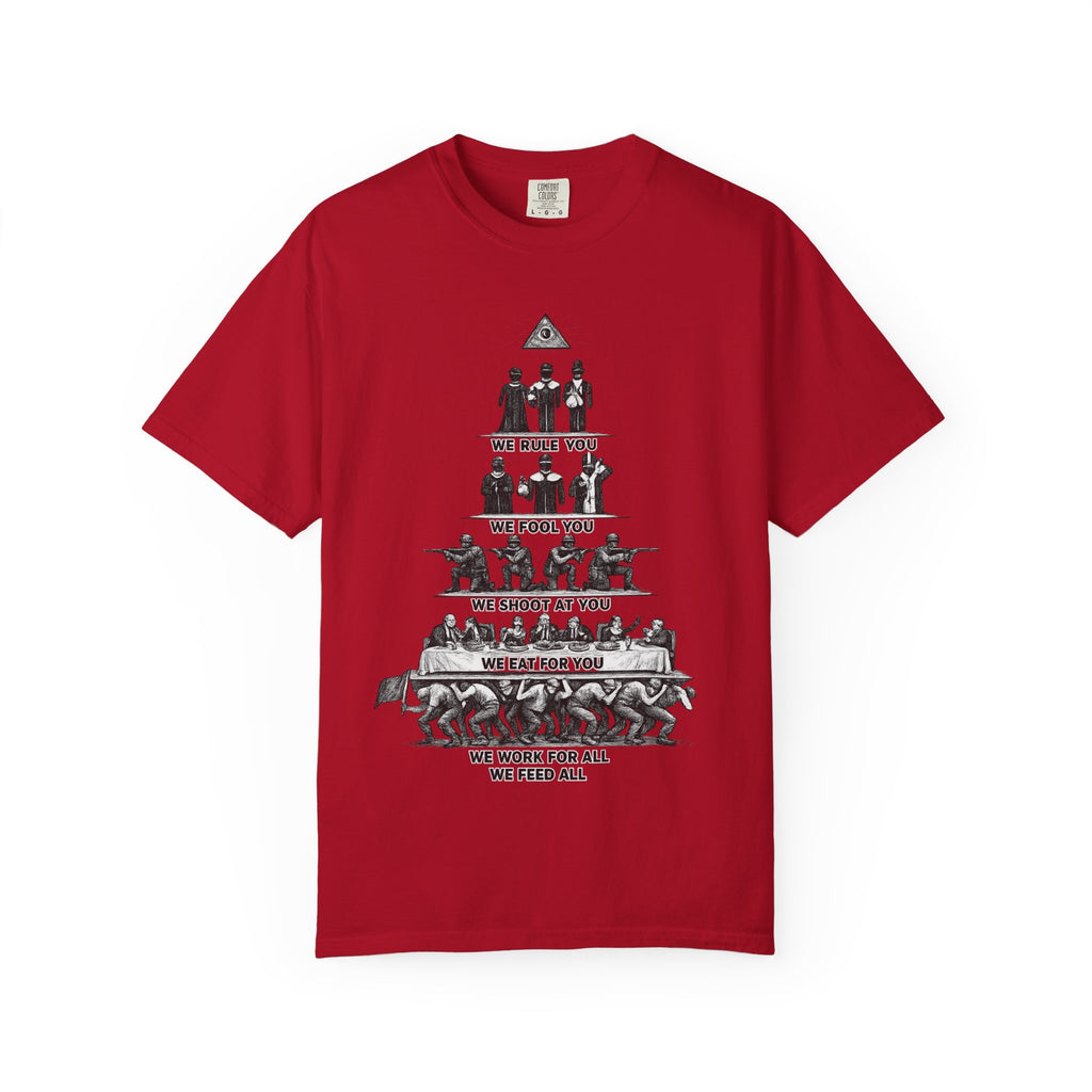 T-Shirt — Hierarchy of Power Graphic Tee ("We Rule You / We Fool You / We Shoot At You / We Eat For You / We Work For All / We Feed All")