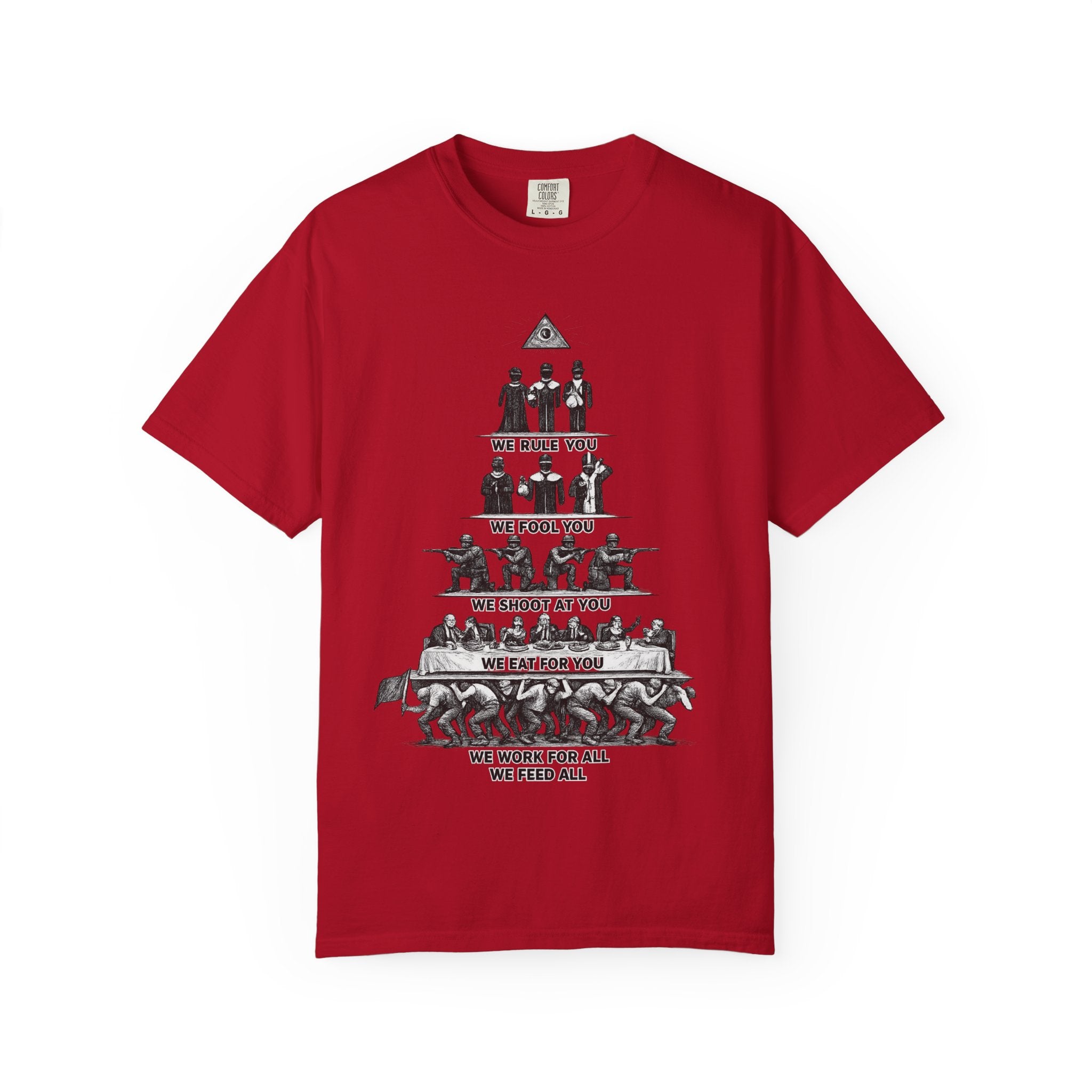 T-Shirt — Hierarchy of Power Graphic Tee ("We Rule You / We Fool You / We Shoot At You / We Eat For You / We Work For All / We Feed All")