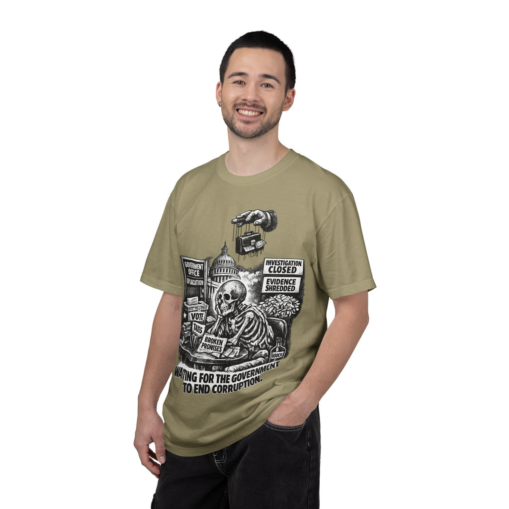 Graphic Tee — "Waiting for the Government to End Corruption" Political Skeletal Design