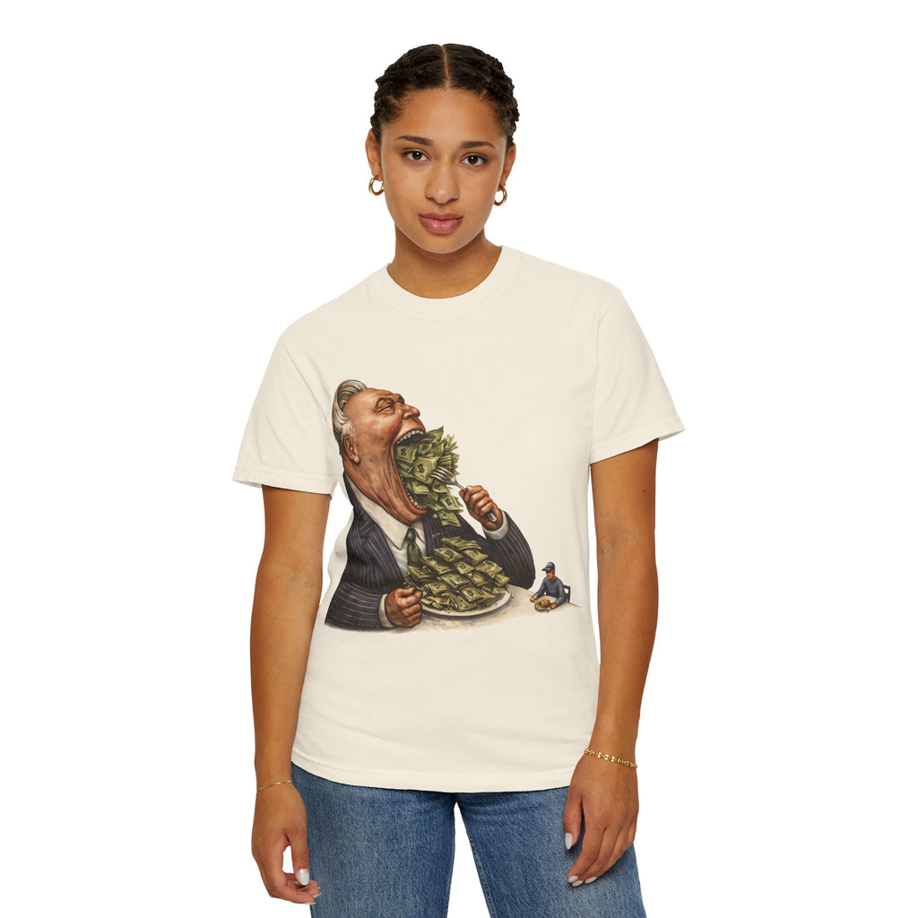 Money Greed Cartoon T-Shirt — Satirical Businessman Eating Cash Tee