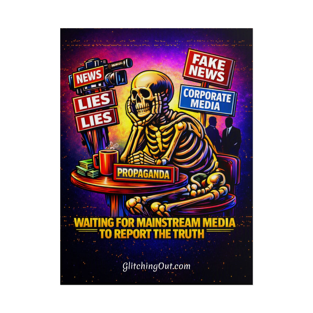 Rolled Poster — 'Waiting for Mainstream Media to Report the Truth' Skeletal Propaganda Art Print