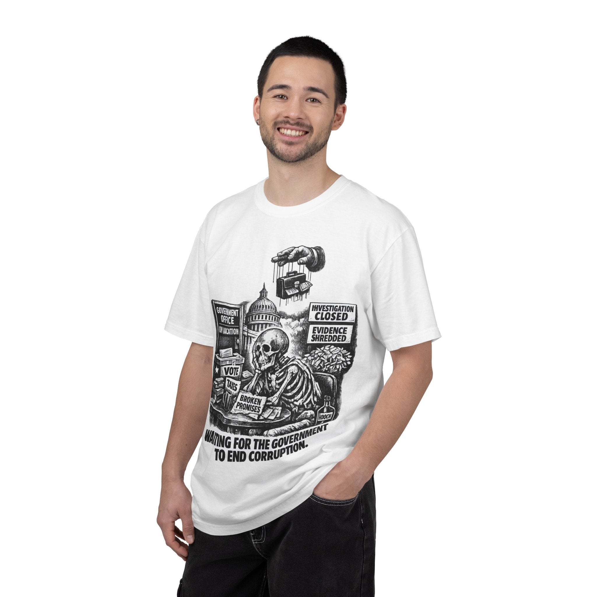 Graphic Tee — "Waiting for the Government to End Corruption" Political Skeletal Design