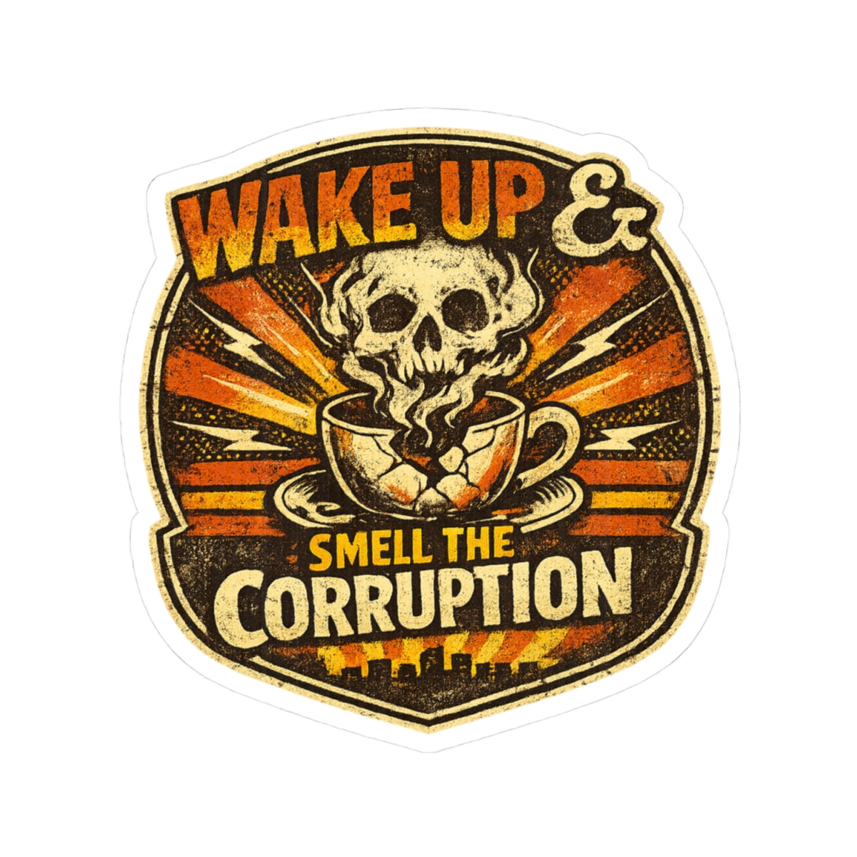 Wake Up & Smell the Corruption Kiss-Cut Sticker — Skull Coffee Retro Vinyl Decal