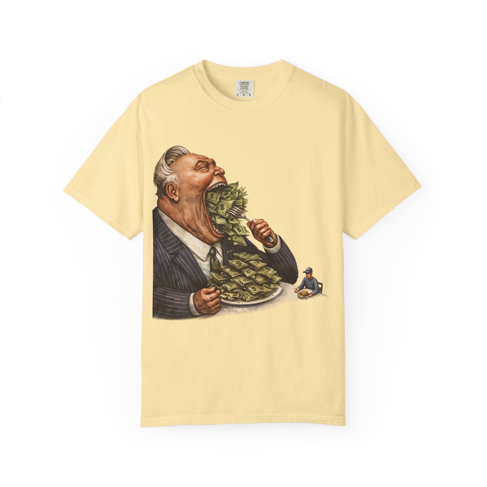 Money Greed Cartoon T-Shirt — Satirical Businessman Eating Cash Tee