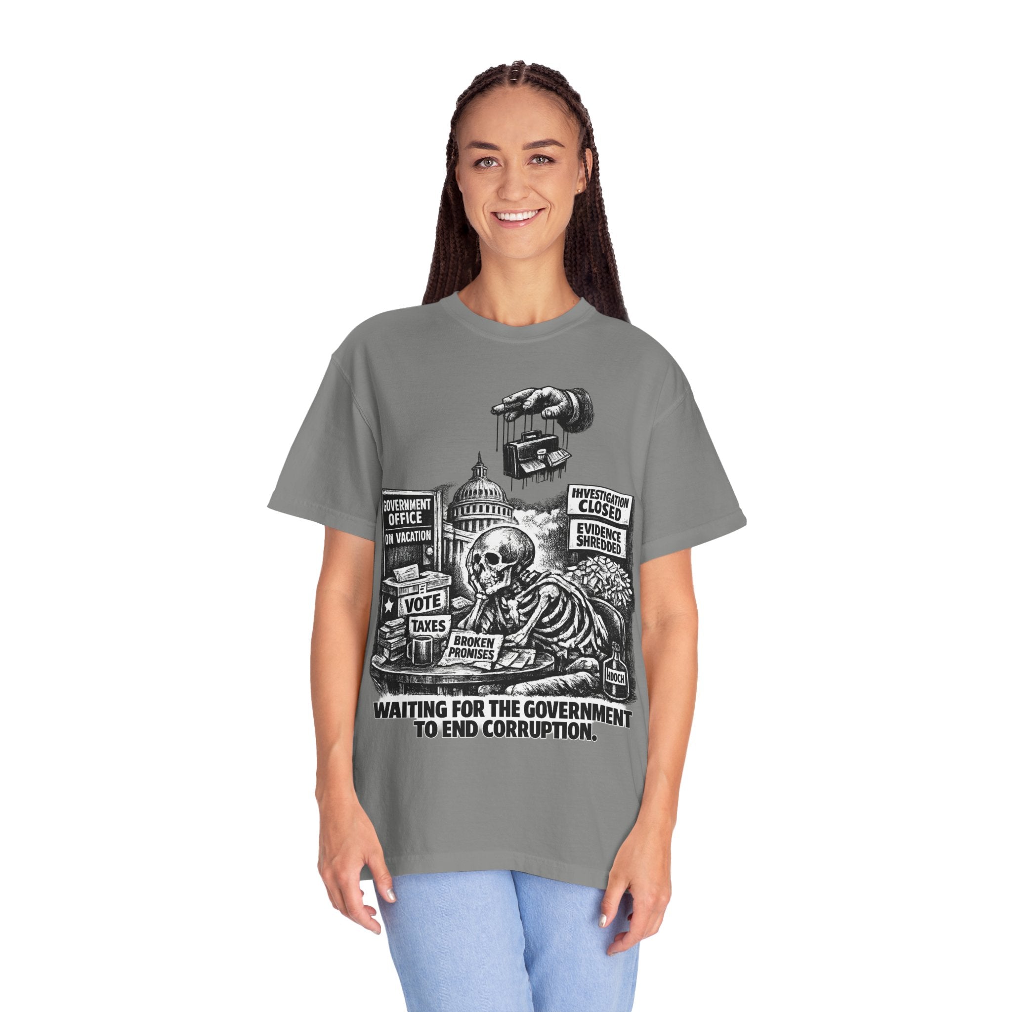 Graphic Tee — "Waiting for the Government to End Corruption" Political Skeletal Design