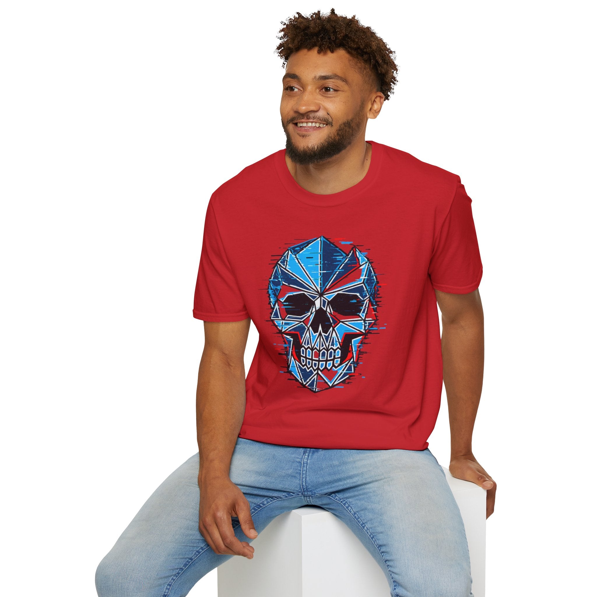 Geometric Blue Glitch Skull T‑Shirt — Edgy Men's & Women's Graphic Tee
