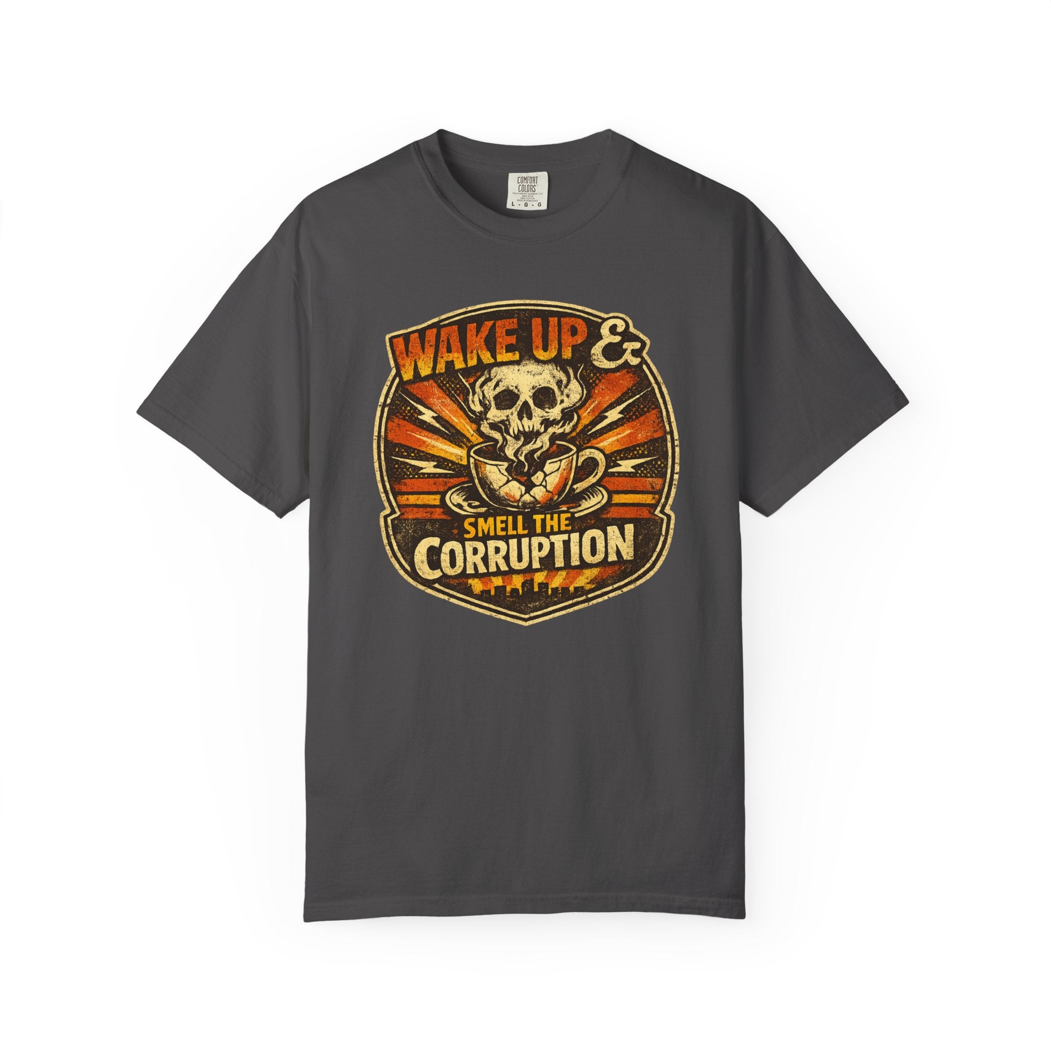 Wake Up & Smell the Corruption T-Shirt — Vintage Skull Protest Graphic Tee
