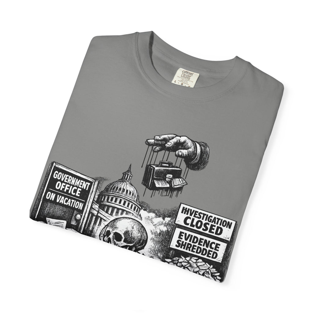 Graphic Tee — "Waiting for the Government to End Corruption" Political Skeletal Design