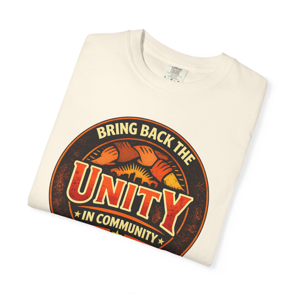 Unity Graphic T-Shirt — "Bring Back the Unity in Community" Vintage Badge Design